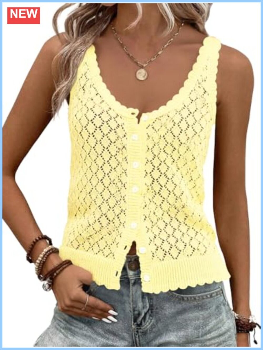 Womens Sleeveless Crochet Knit Sweater Tank Top Boho Button Down Vest